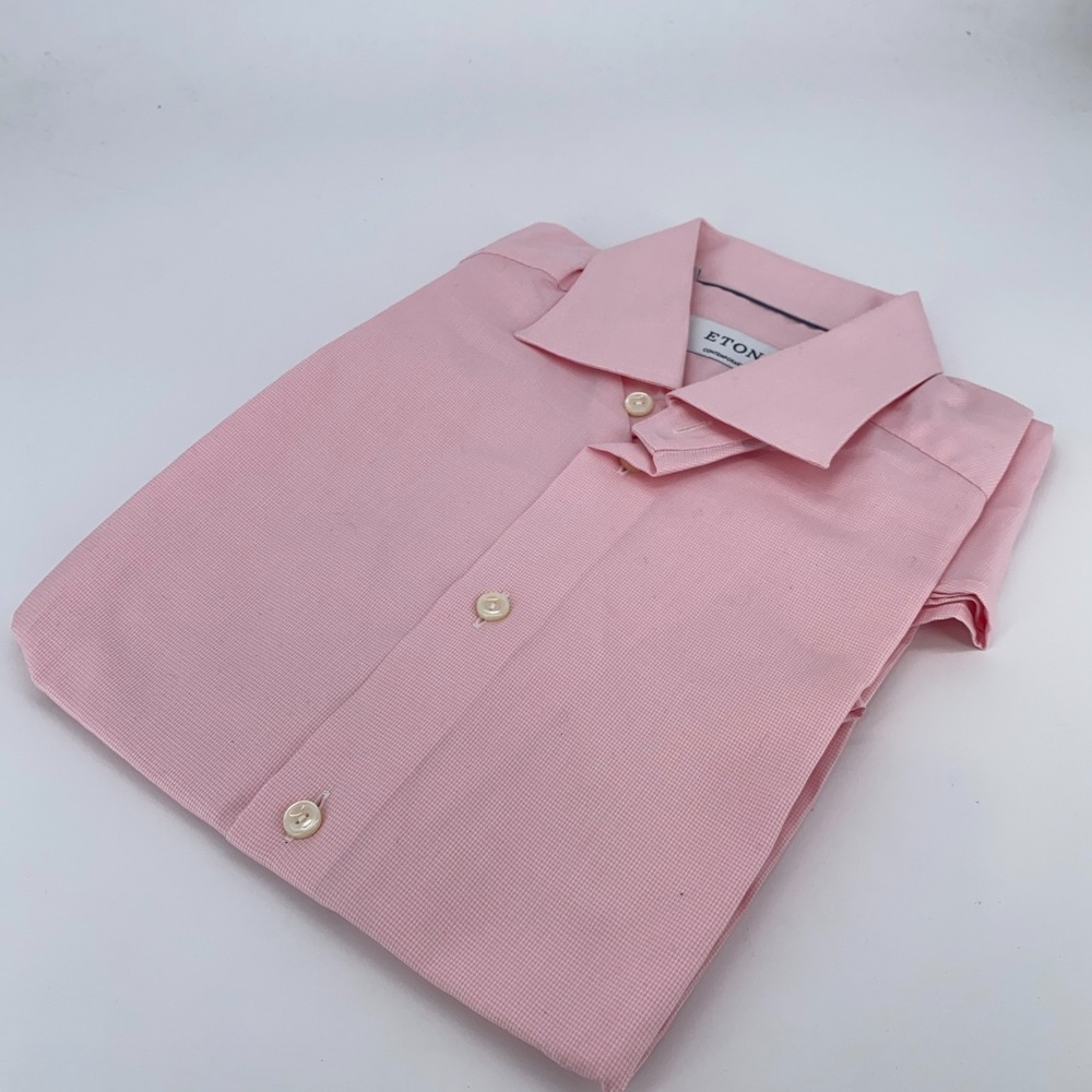 Eton Dress Shirt Men's 15-38 Pink Checkered Stretch Contemporary Fit‎ Button Up